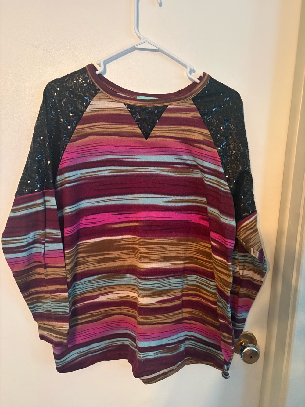 Striped Multicolor Sequin Sleeve Raglan Top - Women size XL